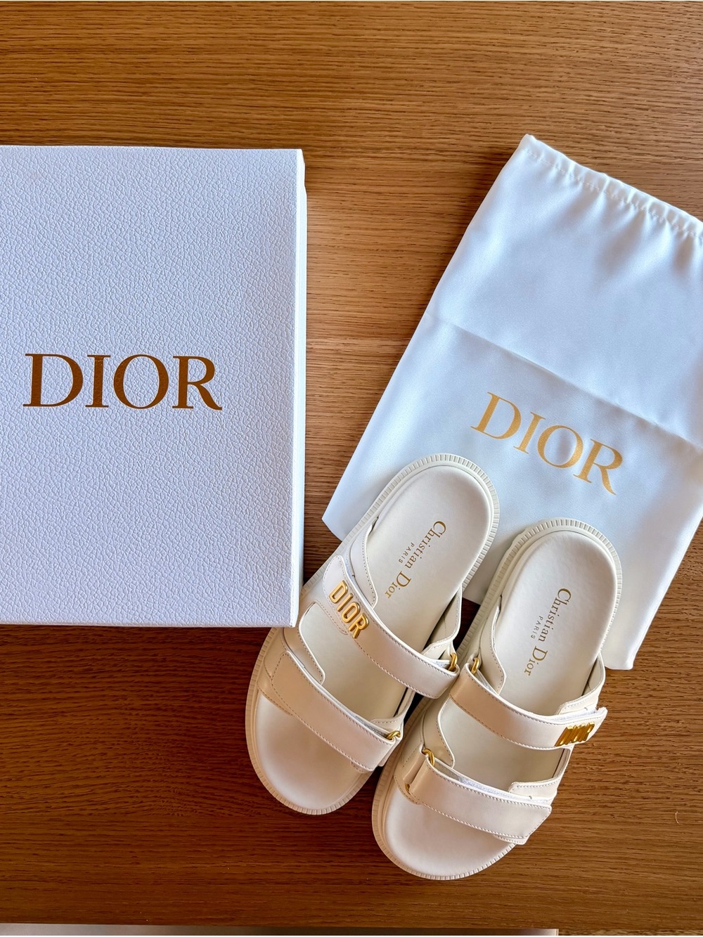 Dior Leather Double-Strap Slide Sandals with Gold Logo